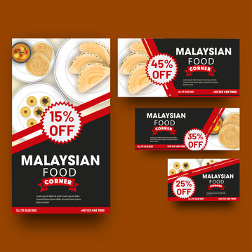 Flat style template or voucher set for Indonesian cuisine with different discount offers.