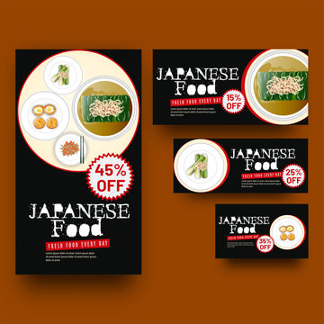 Creative coupon or voucher set with delicious foods illustration for Japanese Cuisine restaurant