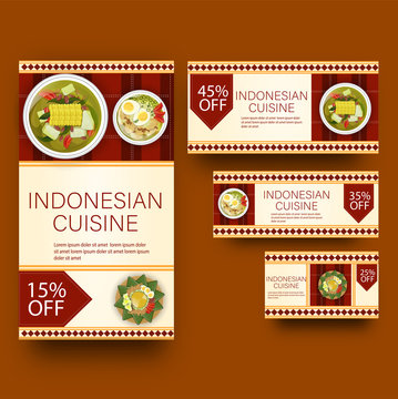 Flat style template or voucher set for Indonesian cuisine with different discount offers.