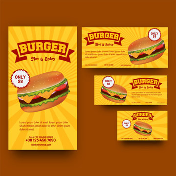 Collection of coupons or voucher with Burger on yellow rays background.