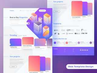 Skyscraper's view of building on shiny blue background. Responsive landing page or hero banner for rent or buy properties.