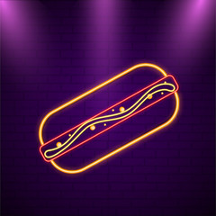 Neon effect burger on purple brick wall.