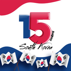 Red and blue color digit 15 on South Korea national flag background for Korean Independence day celebration.