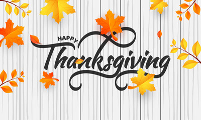 Shiny yellow and orange maple leaves decorated stylish black text Happy Thanksgiving Day. Poster or banner design.