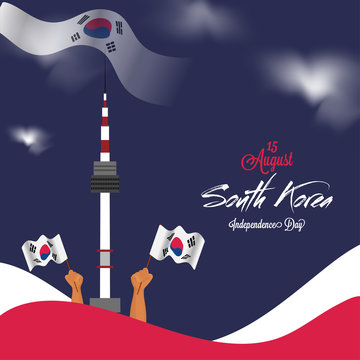 Namsan or Seoul tower with national flag of South Korea on blue background for Korean Independence day celebration.