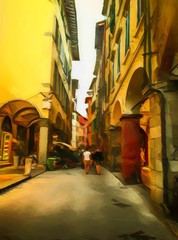 Vintage Italian small street in Florence. Traditional old architecture of Italy. Big size oil painting fine art. Modern impressionism drawn artwork. Creative artistic print for canvas, poster or paper