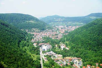 Fototapeta premium Top view of the german village Honau and mountains. View from the castle Liechtenstein. Baden-Wuerttemberg, Germany.