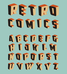 retro comics style isometric alphabet in orange and black