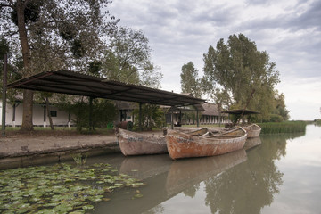 Old  fishing boats at the fish market on Danube river