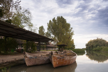 Old  fishing boats at the fish market on Danube river