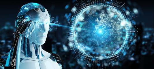 White humanoid using globe network hologram with Europe map 3D rendering