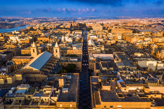 Valletta, Malta - Sunrise at the ancient city of Valletta from above with Triq Ir-Repubblika, the narrow high street of Valletta