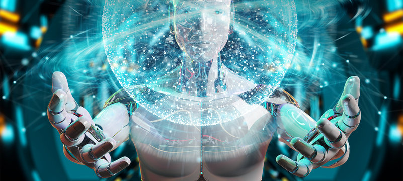 White male humanoid using digital global network 3D rendering