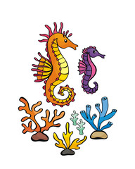 Image of lovely sea inhabitants in doodle style. Vector illustration isolated on a white background.