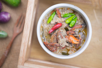 Salted crab and minced pork in coconut milk