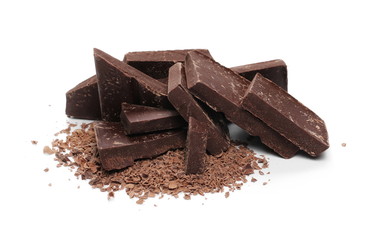 Chocolate bars, pieces with shavings isolated on white background
