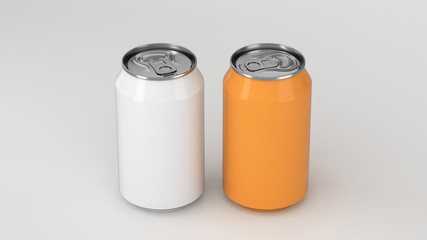 Two small white and orange aluminum soda cans mockup on white background