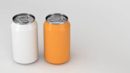Two small white and orange aluminum soda cans mockup on white background
