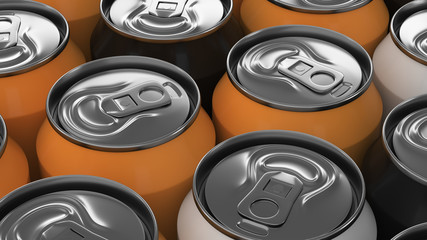 Big black, white and orange soda cans on white background