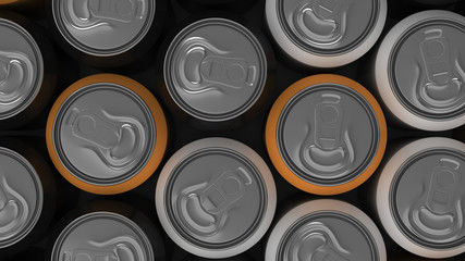 Big black, white and orange soda cans on white background