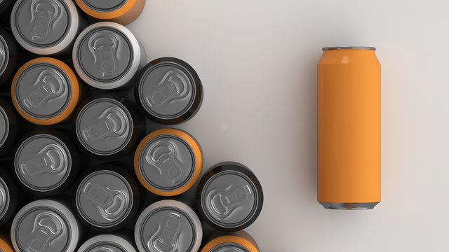 Big black, white and orange soda cans on white background