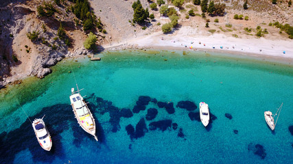 Aerial birds eye view photo taken by drone of famous tropical rocky beach of Agios Georgios with...