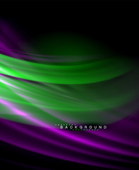 Neon glowing wave, magic energy and light motion background. Vector wallpaper template