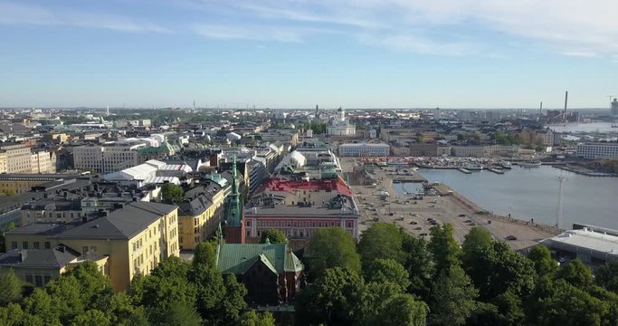 4K summer day aerial video of Helsinki Kaivopuisto central park with Observatory, ctyscape view, park woods area around it, in capital of Finland Suomi, northern Europe