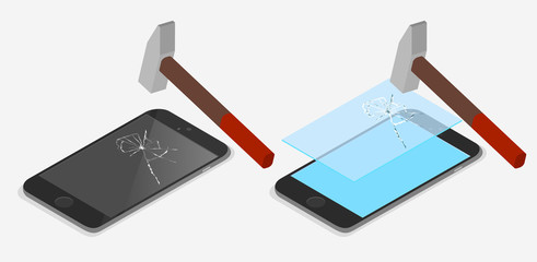 Hammer beats smartphone screen. Isometric illustration.