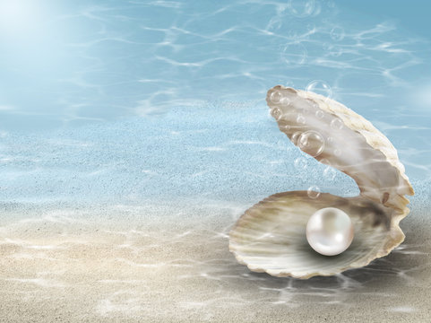 Pearl in oyster shell on sea sand with underwater ocean ripples
