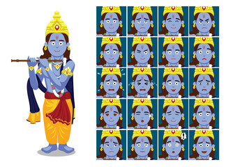 Hindu God Krishna Janmashtami Cartoon Emotion faces Vector Illustration