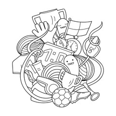 Doodle art of football items with cute monsters. Sport inventory emblem. Possibility to easily change colors for your design. Vector illustration.