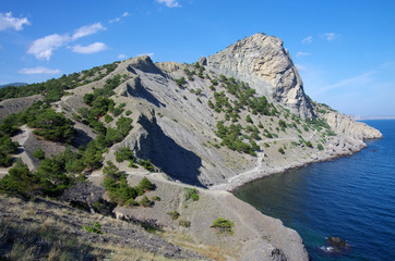 Fototapeta na wymiar Golitsyn or Falcon trail, the most famous landmark of the village Novyi Svet in Crimea