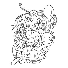 Doodle outline illustration in retro style with festive items, congrats for Father's day or Birthday. Possibility to easily change colors. Vector illustration.