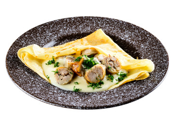 Delicious crepe with sausages isolated