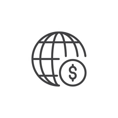 World money outline icon. linear style sign for mobile concept and web design. Globe and dollar coin simple line vector icon. Symbol, logo illustration. Pixel perfect vector graphics