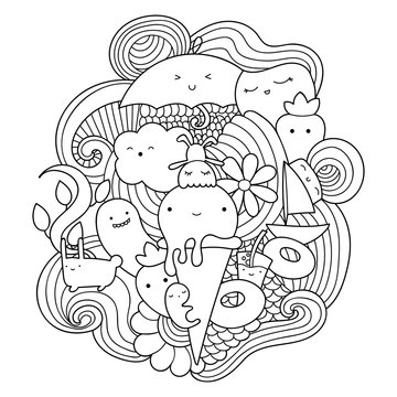 Vector doodle illustration with ice cream, fruits and waves. Summer pattern for coloring book or design print. Possibility to easily change colors.