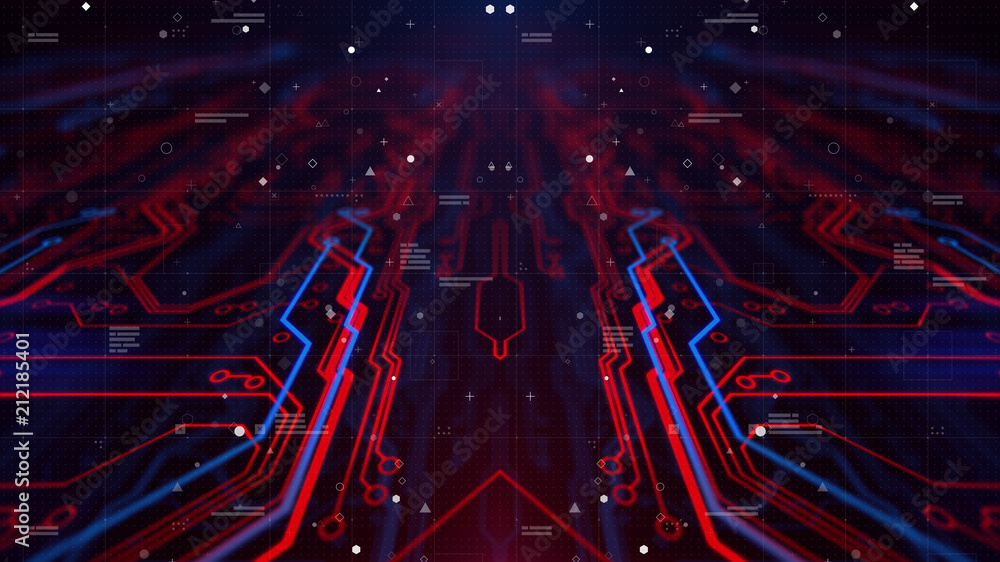 Poster hud interface. head up display. mirrored pattern. blue, red background with digital integrated netwo