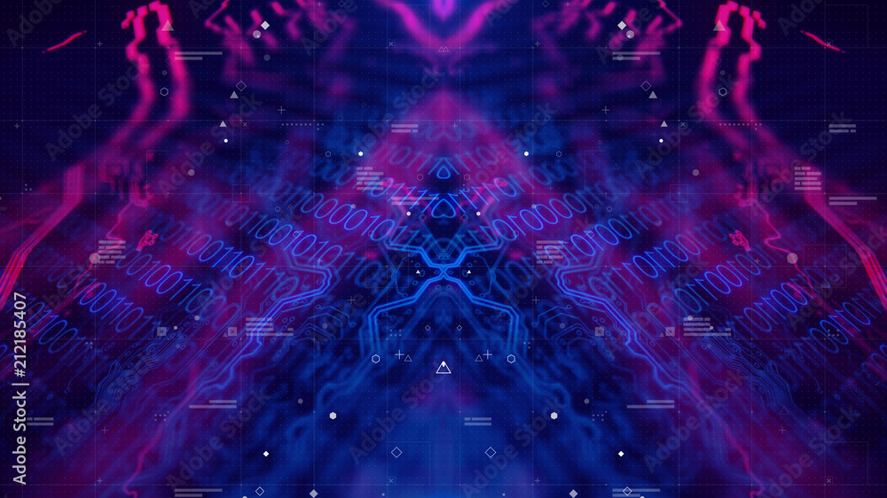 Poster mirrored pattern. blue, purple background with digital integrated network technology. printed circui