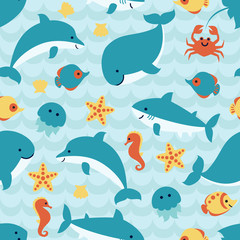 Modèle sans couture avec des animaux marins mignons sur fond de vague bleue.