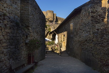 View of historic Aggstein castle ruin on the Danube river. Lower Austria.