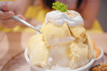 Bingsu Durian with Durian ice cream and Whipped cream served with condensed milk