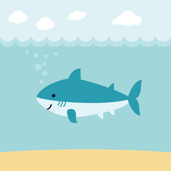 Cute cartoon shark on blue wave background.