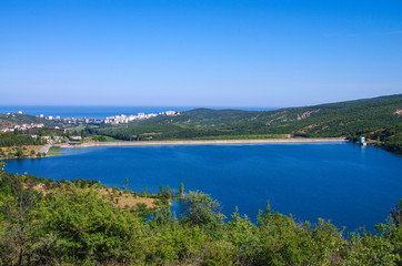 View of the city of Alushta from the shore of the reservoir, Crimea