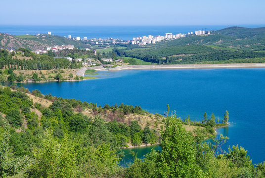 View of the city of Alushta from the shore of the reservoir, Crimea