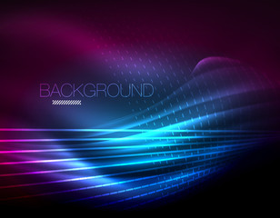 Smooth light effect, straight lines on glowing shiny neon dark background. Energy technology idea