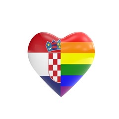 Croatia flag and gay LGBT rainbow flag heart shape. Gay rights concept. 3D Rendering