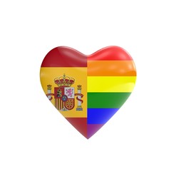 Spain flag and gay LGBT rainbow flag heart shape. Gay rights concept. 3D Rendering