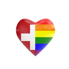 Switzerland flag and gay LGBT rainbow flag heart shape. Gay rights concept. 3D Rendering