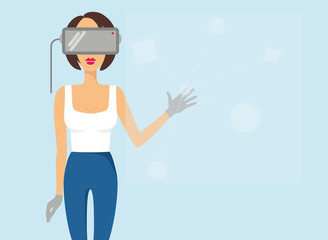 Woman with virtual reality glasses. Vector flat design illustration. 